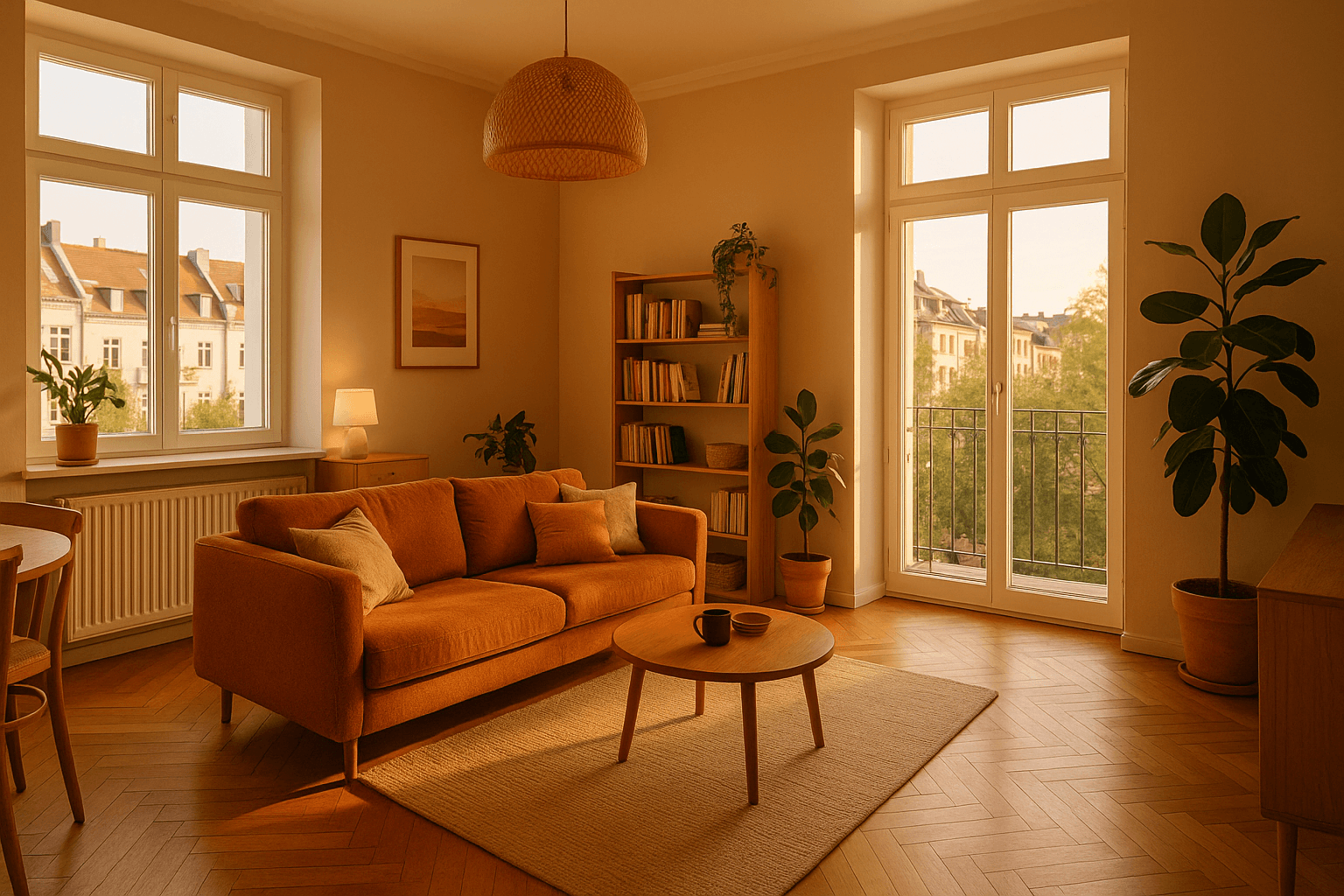 Warm apartment with orange sofa and large windows